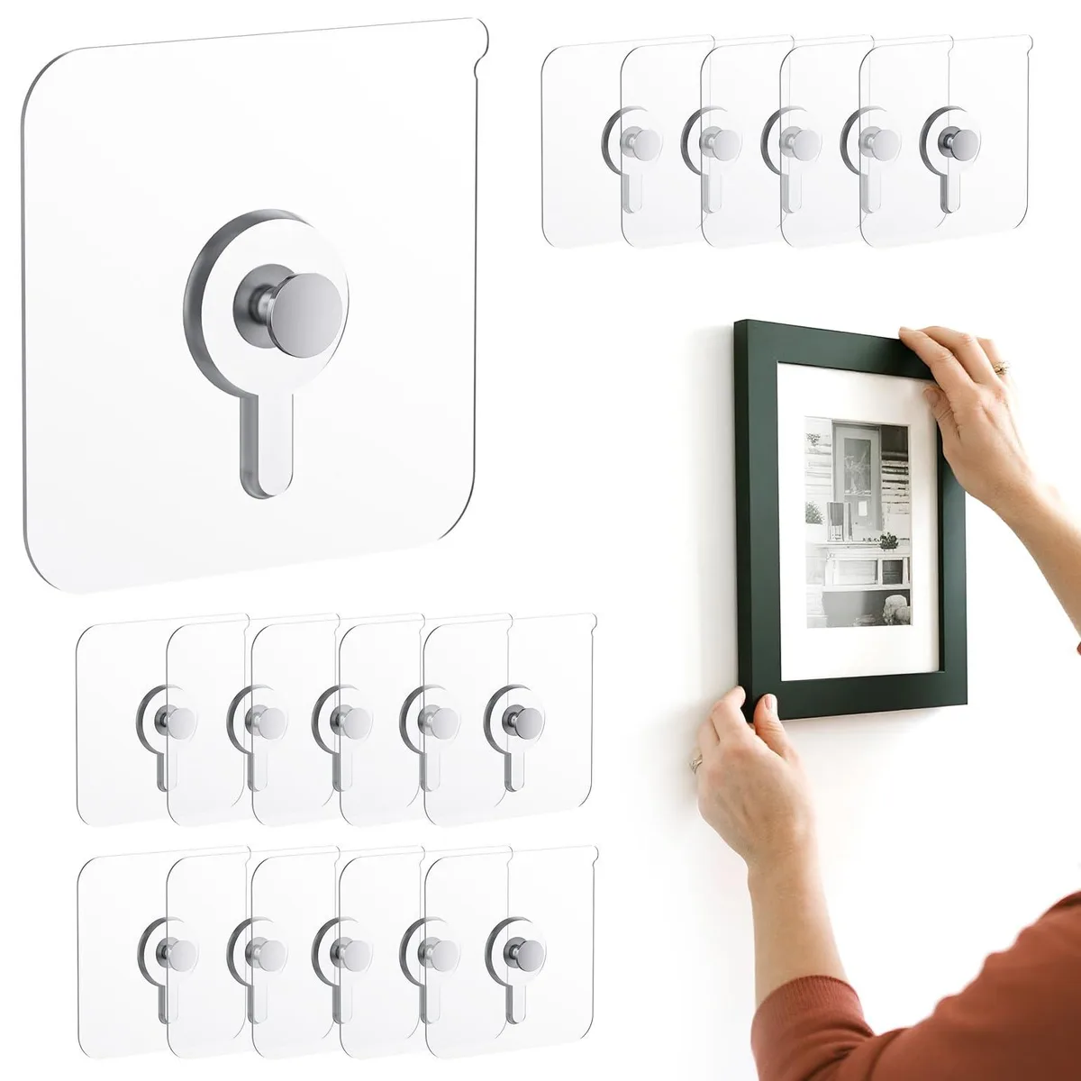 Sixteen clear adhesive wall hooks on a backing card