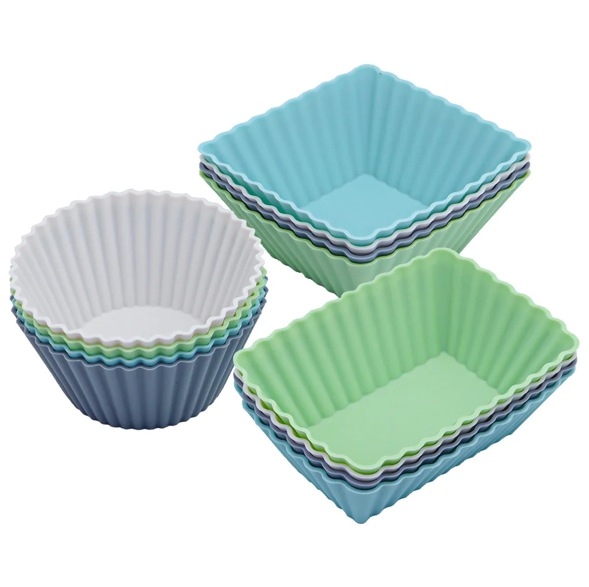 Twelve packs of flexible silicone baking cups in round, square and rectangular shapes, assorted neutral colours, 36 pieces total