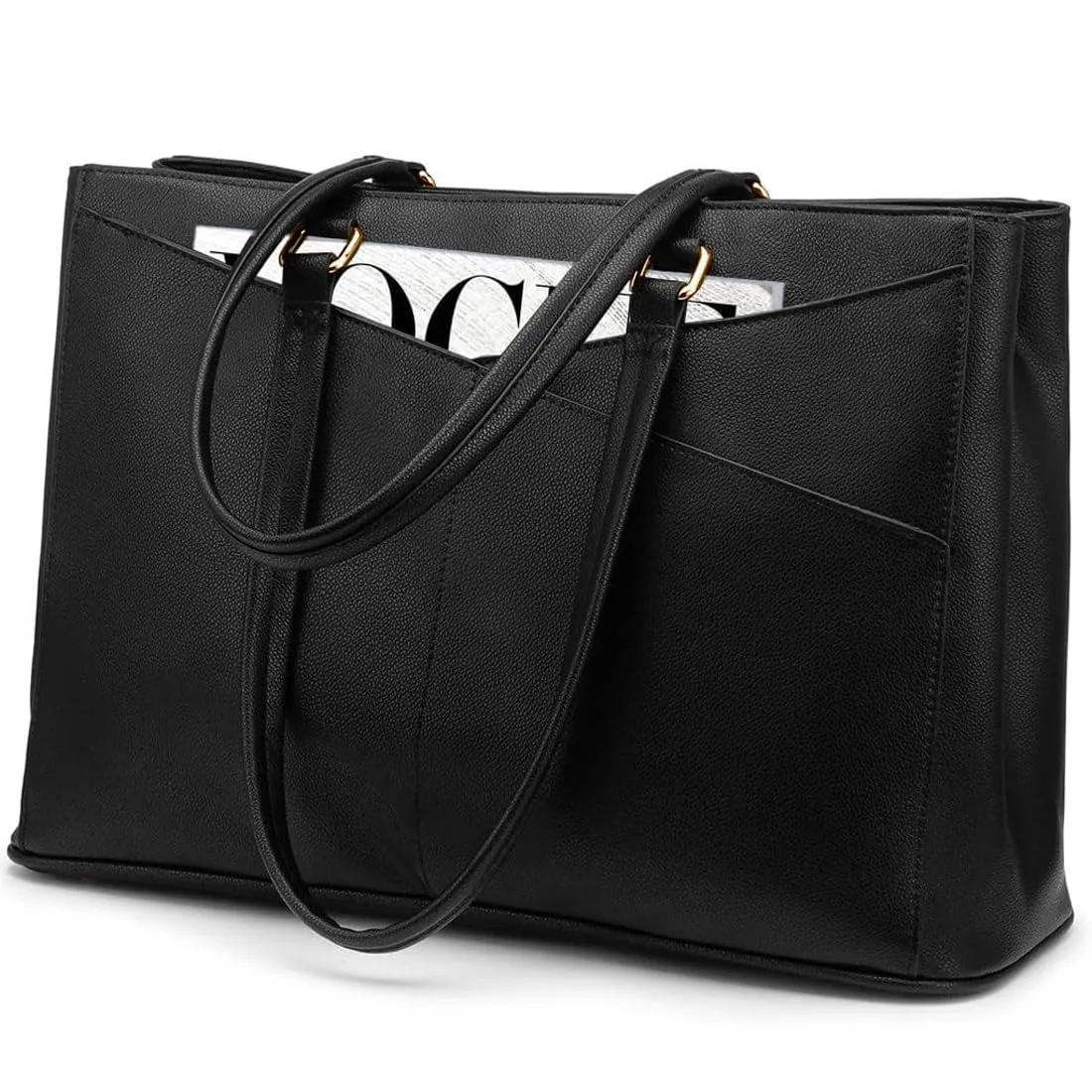 Black tote bag with double front pockets, metal zip and feet, shown flat