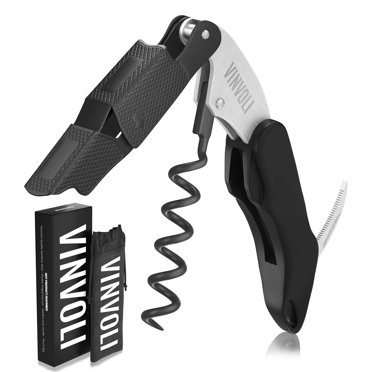 Black metal waiter's corkscrew with double hinge and foil cutter