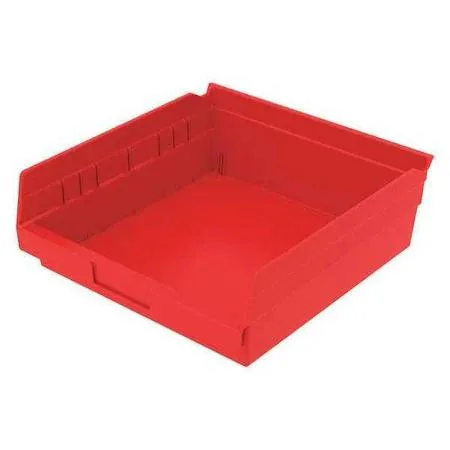Red plastic shelf storage bin with molded label area, approximately 11 by 11 by 4 inches