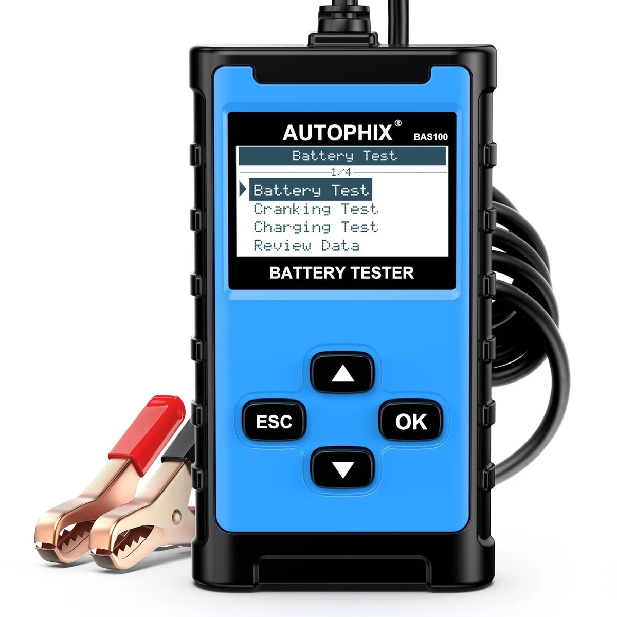 Handheld black battery tester with copper alligator clips and digital display