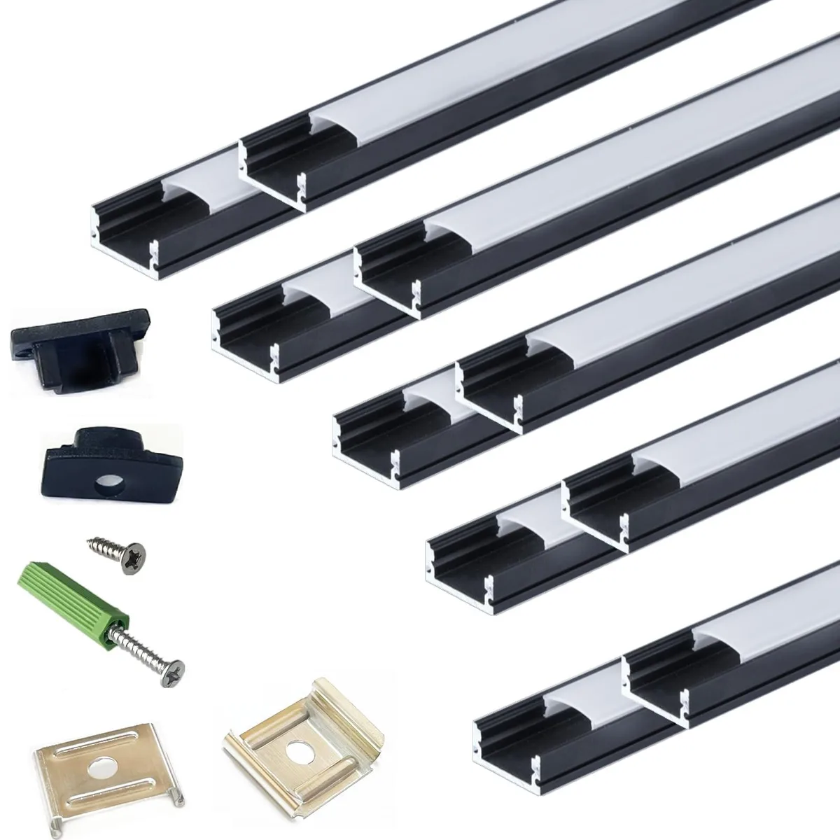 Ten black anodized aluminum U-channels with milky diffuser covers, mounting clips and end caps