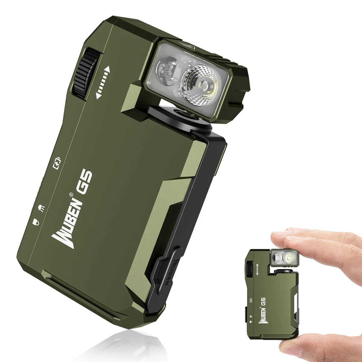 Flat green aluminium flashlight with rotating head, clip and USB-C port