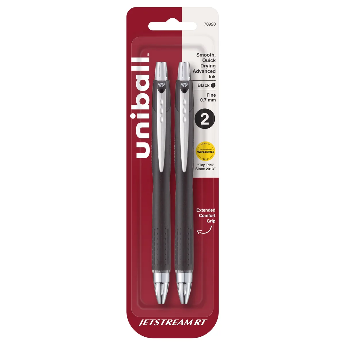 Two black retractable ballpoint pens with stainless steel accents and embossed grip