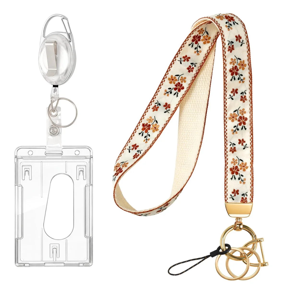 Red embroidered nylon lanyard with retractable badge reel and D-rings