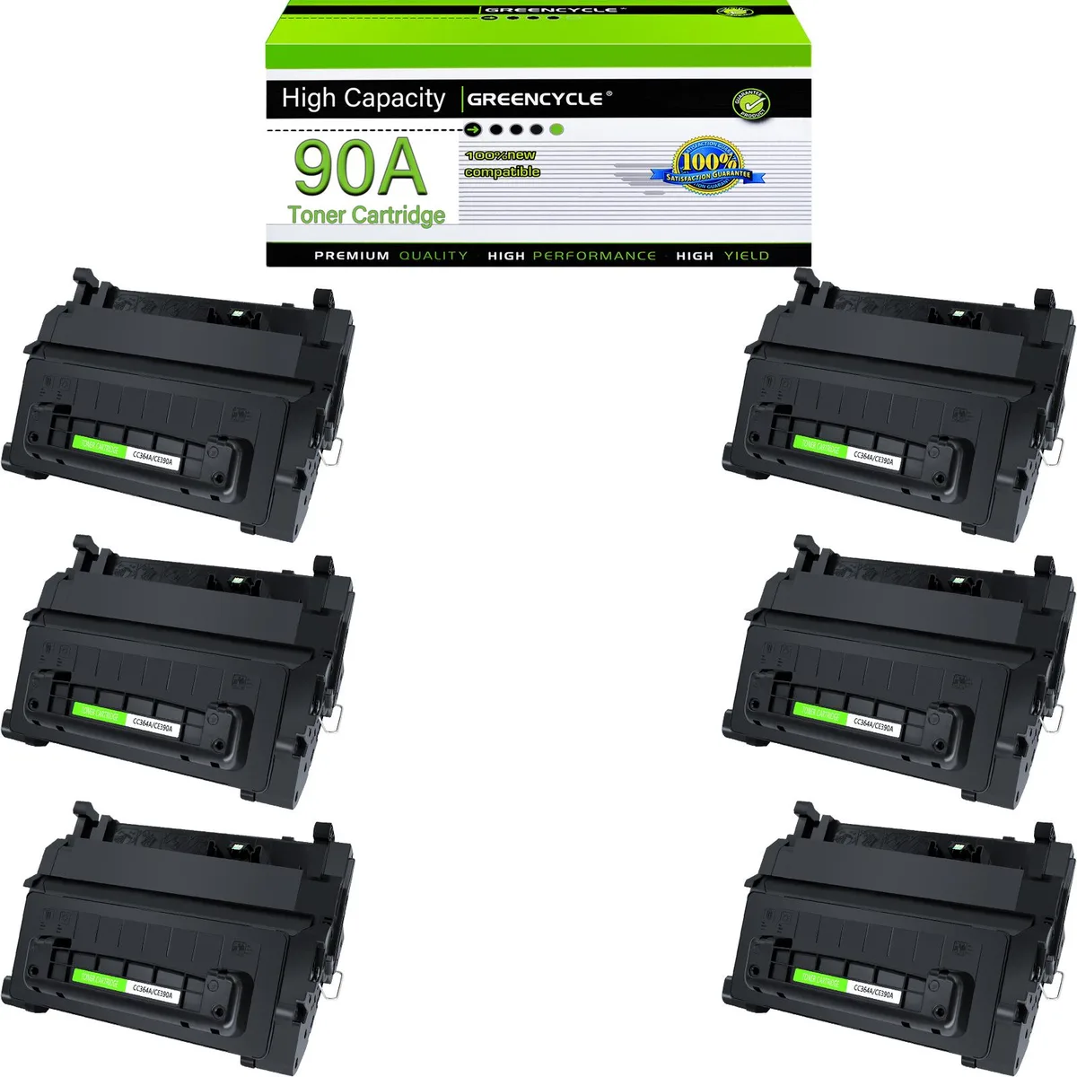 Six black toner cartridges in individual sealed boxes