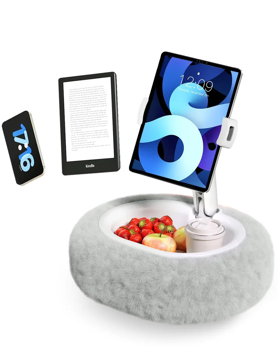 Gray fabric tablet pillow stand with adjustable metal arm and detachable silicone snack bowl