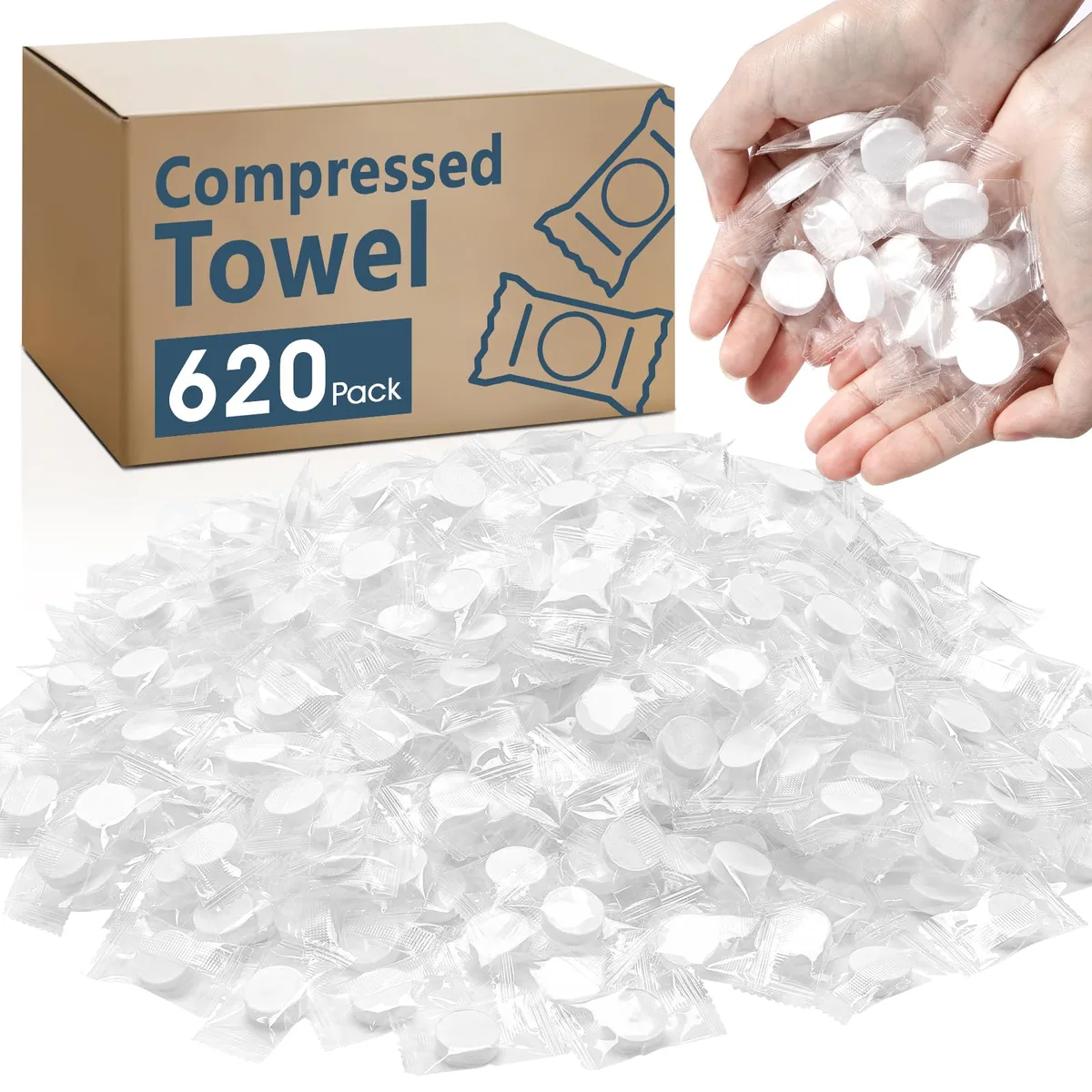 Bulk box holding 620 individually wrapped compressed coin towels