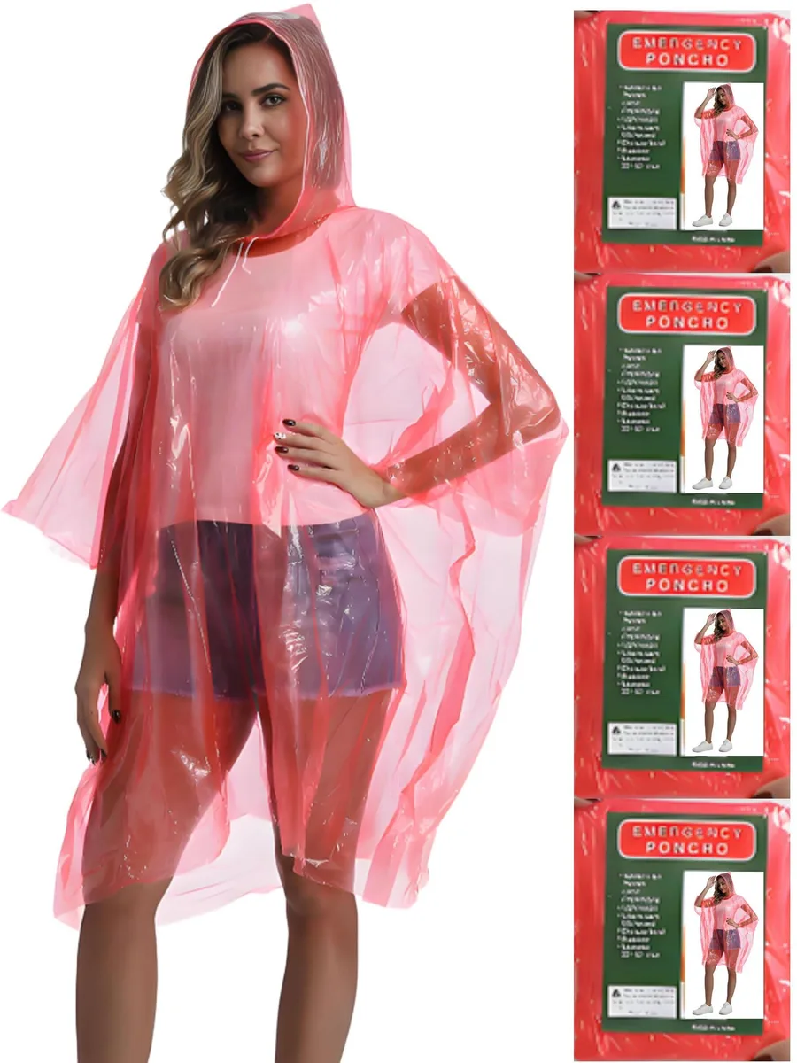  Borogo YCX-04R# 4 Pack Disposable Rain Ponchos Red — product photo