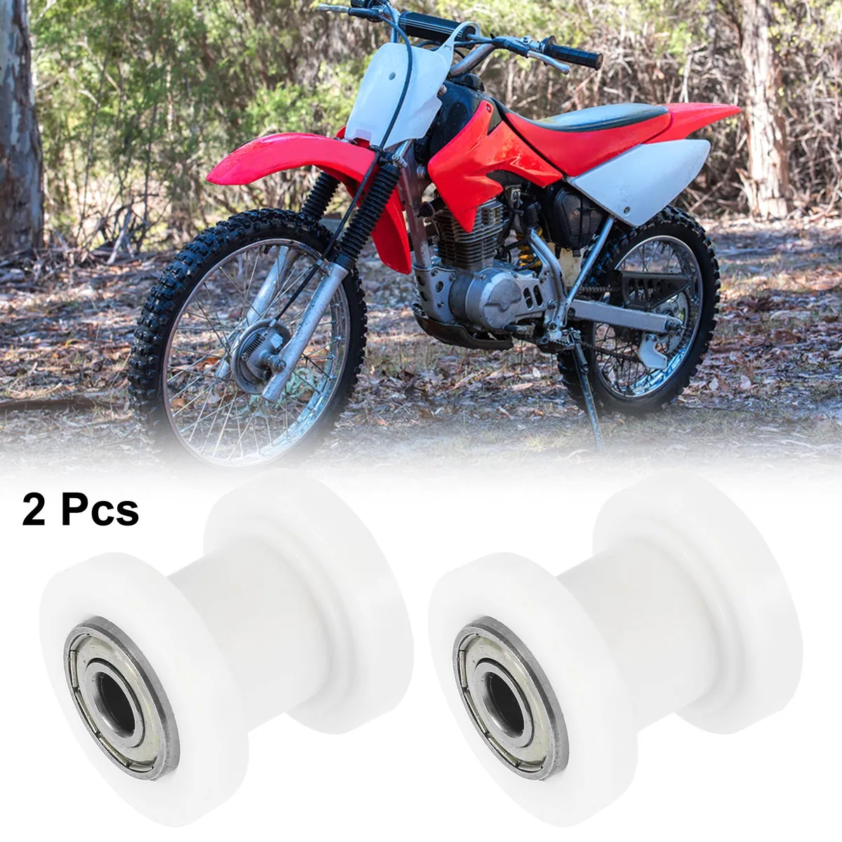 Two white rubber and metal chain tensioner rollers with 8mm centre holes
