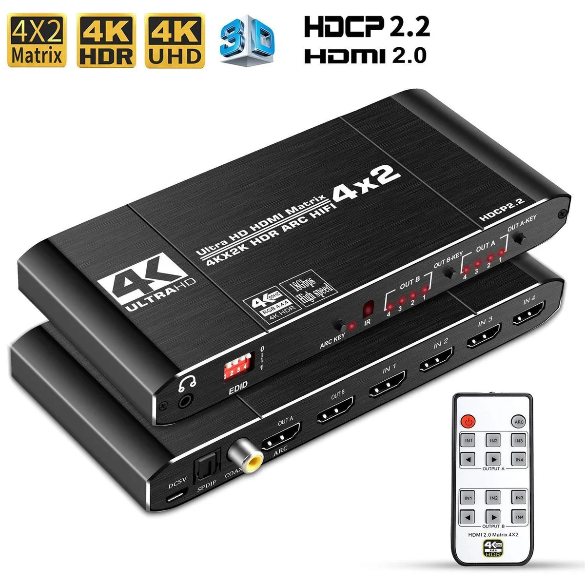 Black rectangular HDMI matrix switch, four inputs, two outputs, IR remote included