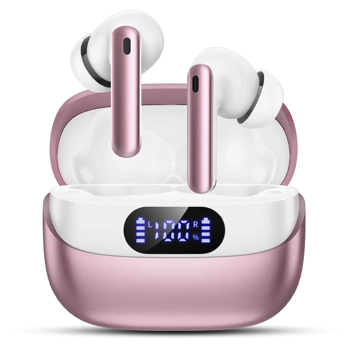 Pair of rose-gold in-ear earbuds in a matching charging case with LED display