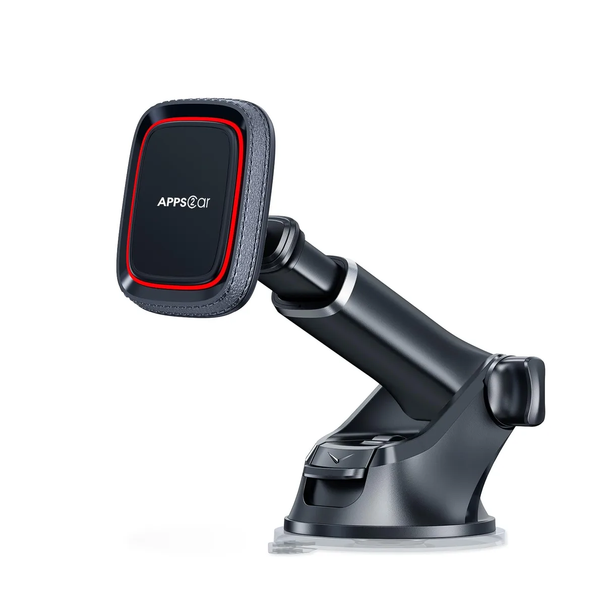 Black-red magnetic phone mount with telescopic arm and suction cup base, leather-textured head with simulated stitching
