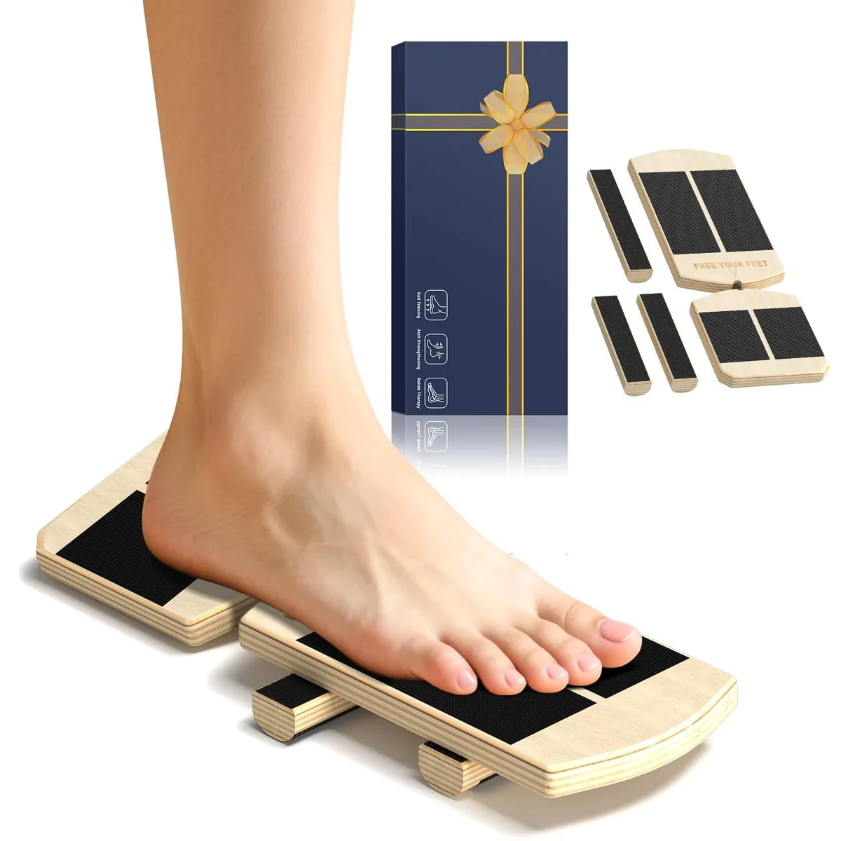 Black wooden ankle balance board, small size, 13 x 5.2 x .7 inch, non-slip surface, Velcro balance bar