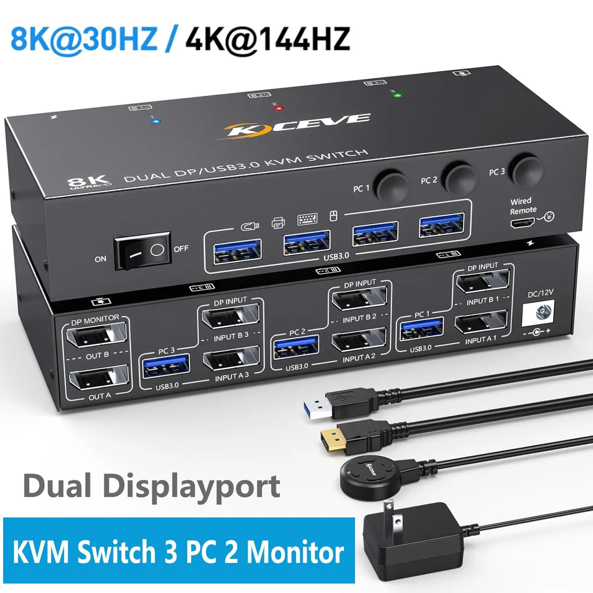 Hitoor Hitoor KVM Switch 3 PC 2 Monitors 8K@30Hz 4K@144Hz 4 USB 3.0 DP 1.4 — product photo