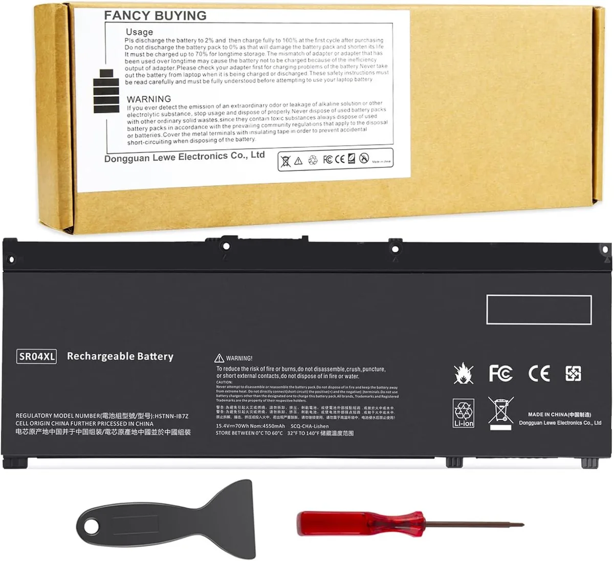 Rectangular black laptop battery with label showing 15.4V 70Wh 4-cell