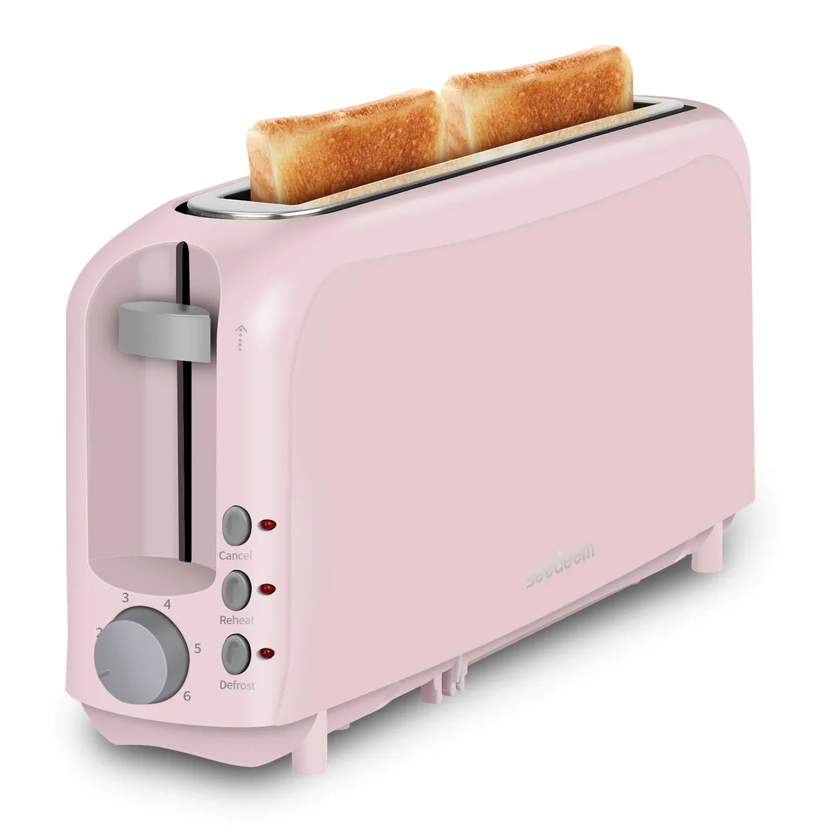 Pink slim two-slice toaster with single long slot, 16.7 inches deep