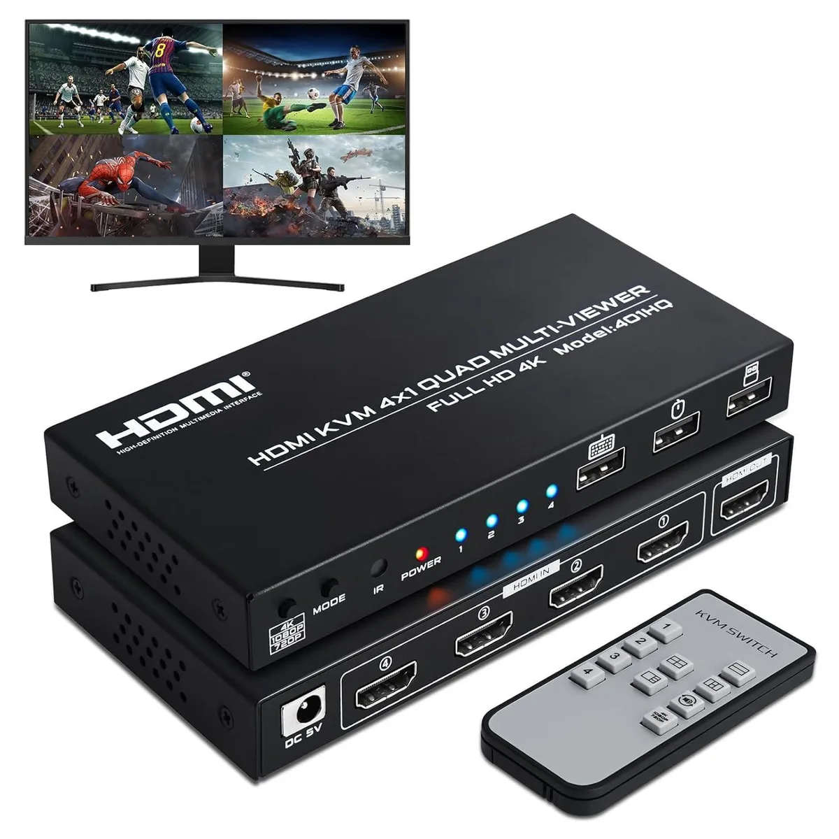 WRIARICH WRIARICH 4-Port HDMI 2.0 KVM Switch Quad Multiviewer with IR Remote — product photo