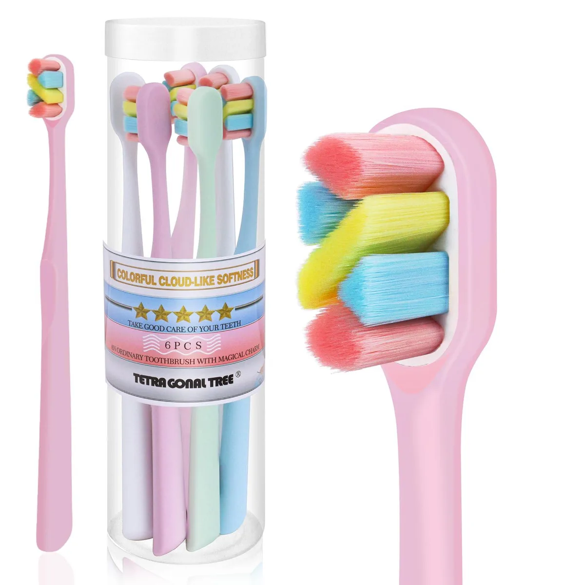 Six white manual toothbrushes with medium bristles in a bucket