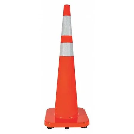 36 inch orange PVC traffic cone with two reflective collars 10 lb base
