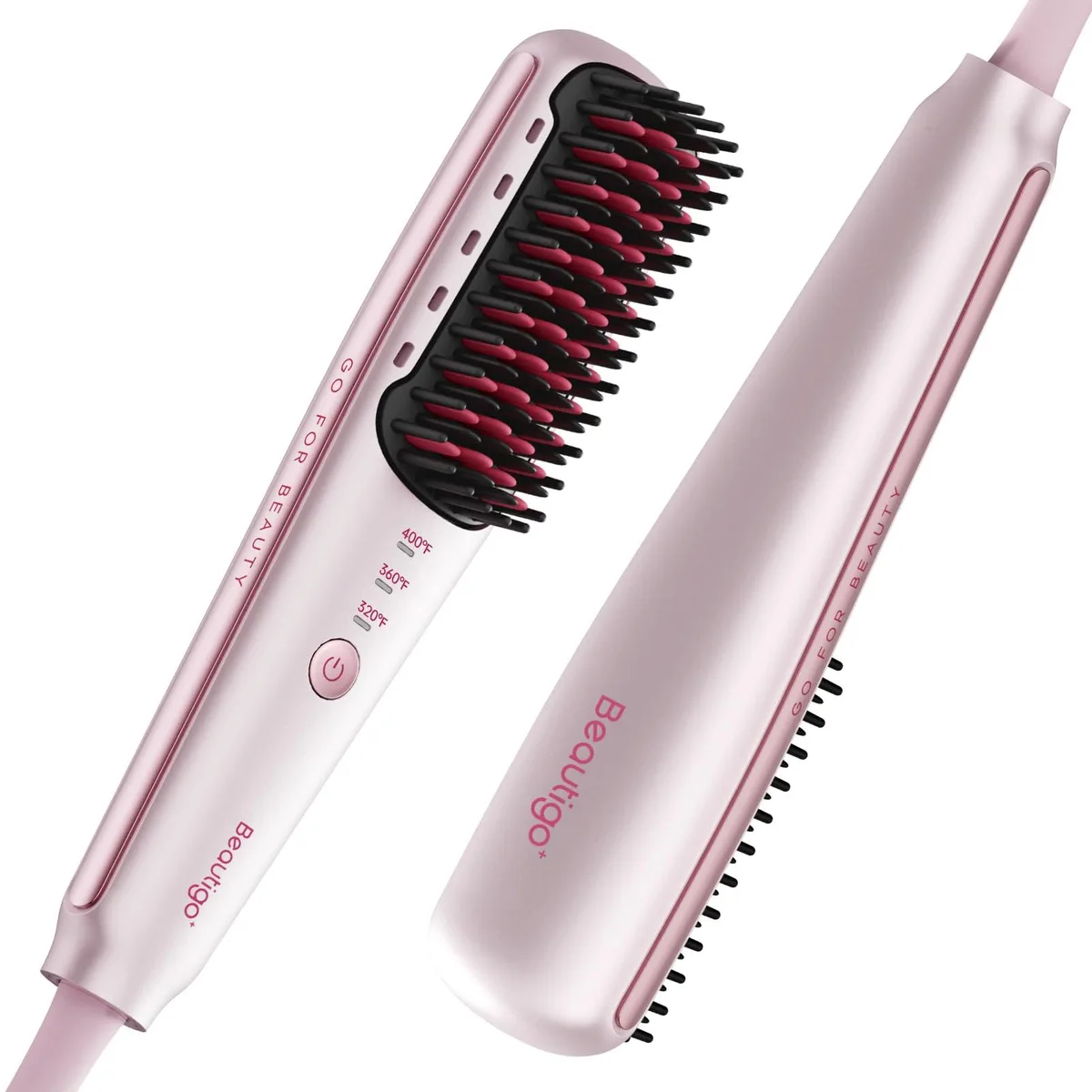 Rose gold hair straightener brush, slim handle, compact size