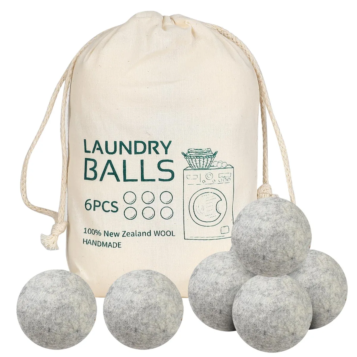 Six grey wool dryer balls in a cotton bag