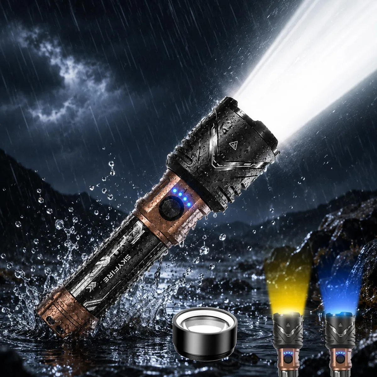 Cylindrical black tactical flashlight with removable ignition lens attached, textured grip and USB-C port visible