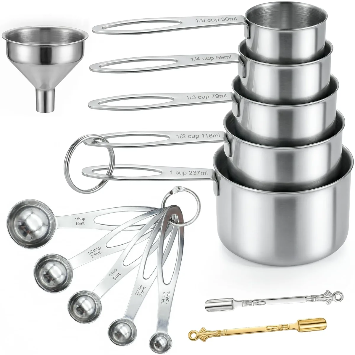 Stainless steel measuring cups and spoons set with funnel, 13 pieces