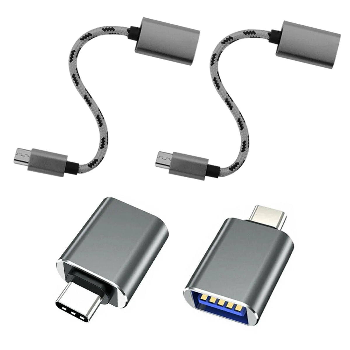 Four gray USB-C to USB-A adapters, two short cables and two compact dongles, aluminum finish