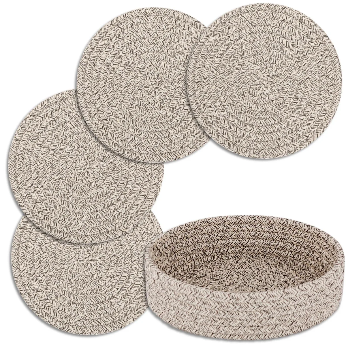 Four round brown cotton trivets in a matching storage basket