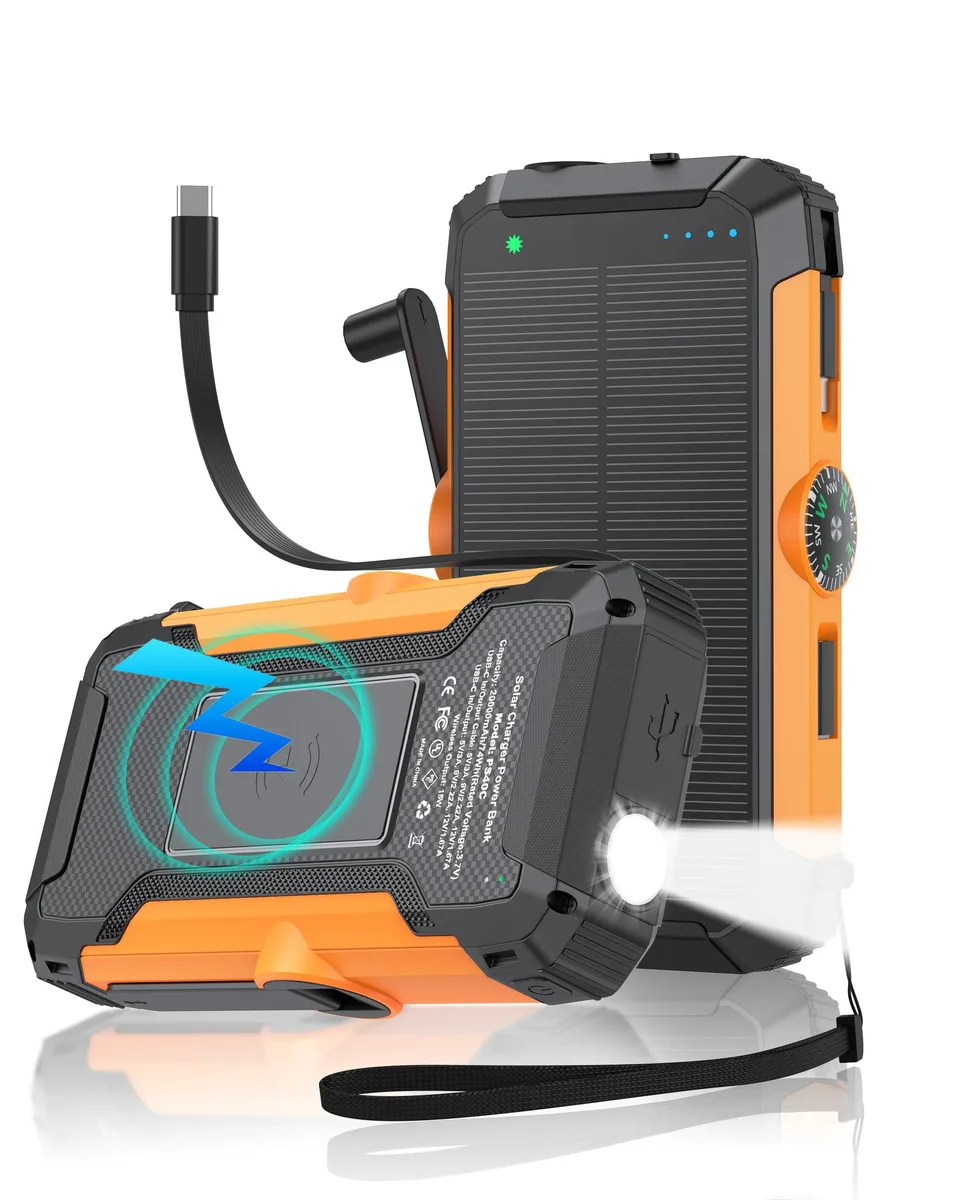 Orange rectangular power bank with fold-out solar panels, side crank handle and built-in retractable cables