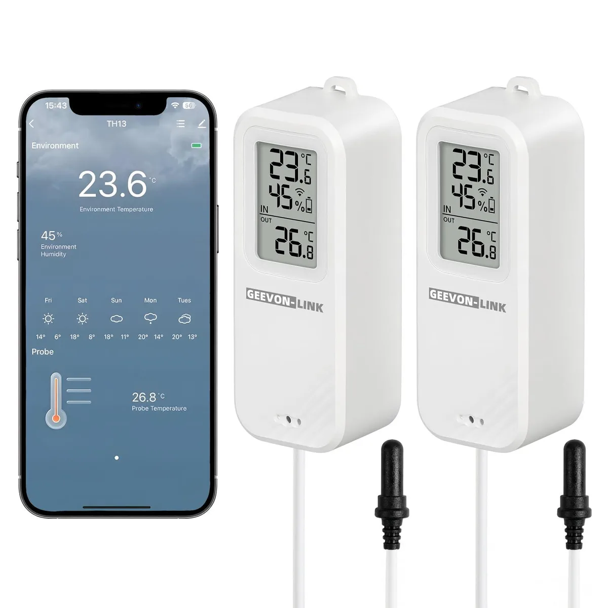  GEEVON-LINK GL-250T13-1-WH-WUS WiFi Bluetooth Thermometer Hygrometer 2PC — product photo