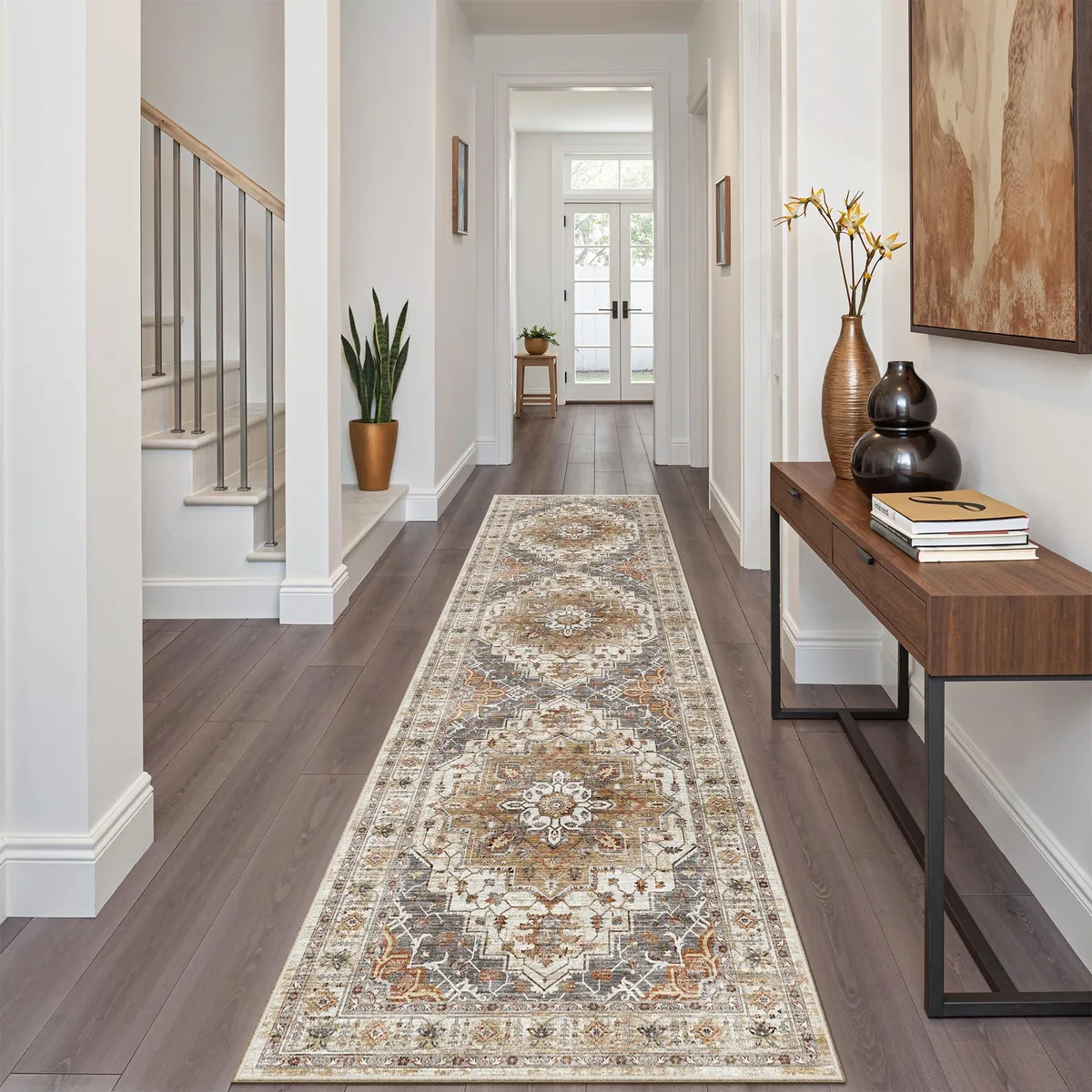Turmeric and grey runner rug, low-pile microfiber, rubber backing