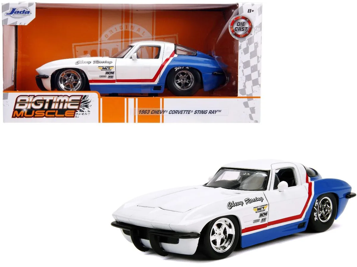 Jada Jada 1963 Chevrolet Corvette Stingray White and Blue with Red Stripe "Chevy Racing" 1/24 Diecast Car — product photo
