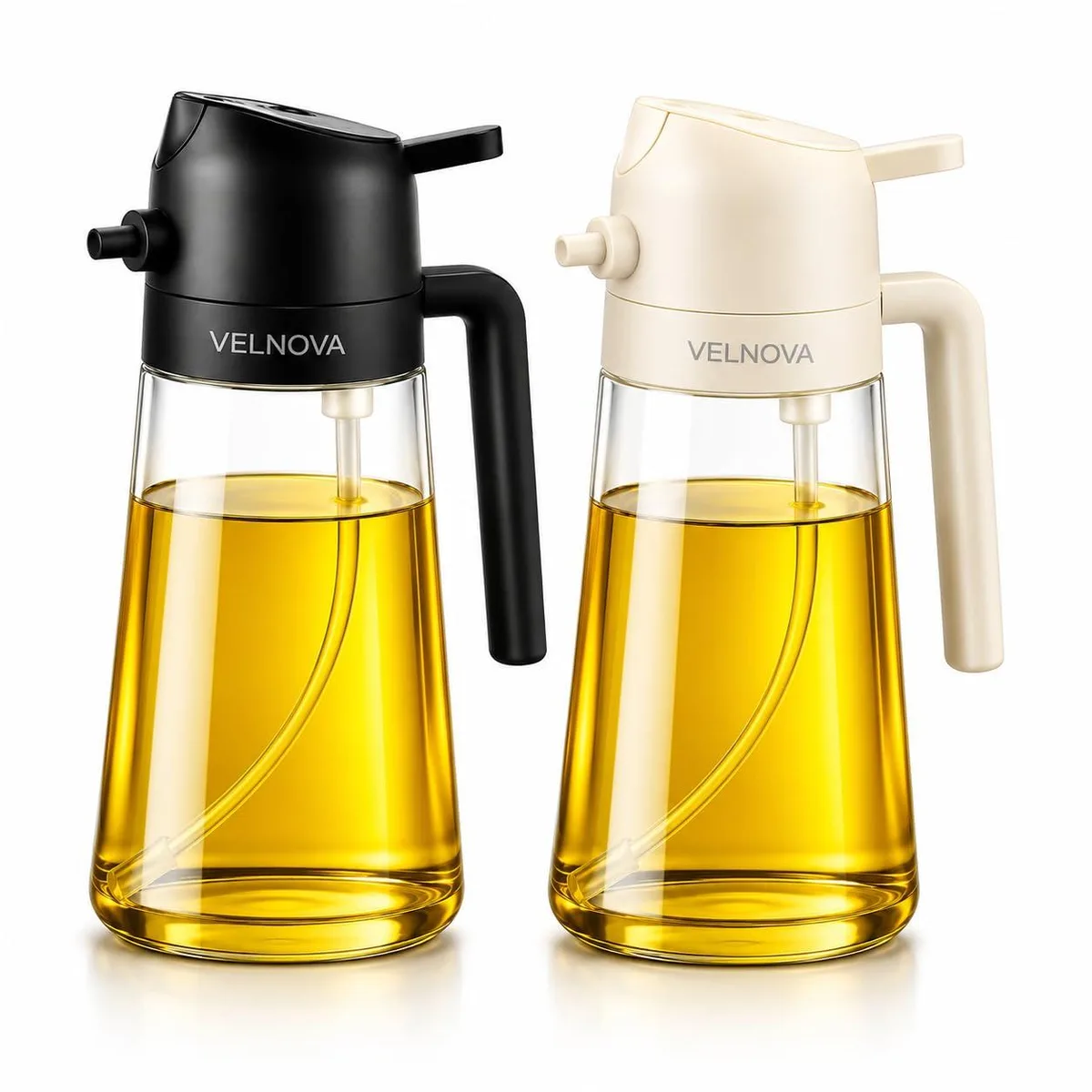 Two clear glass spray bottles with black pump heads and pour spouts, 16oz each, 9.5 inches tall