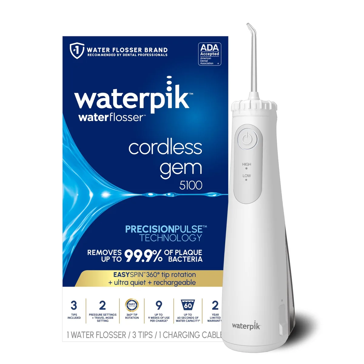 White cordless water flosser with narrow grip and removable reservoir