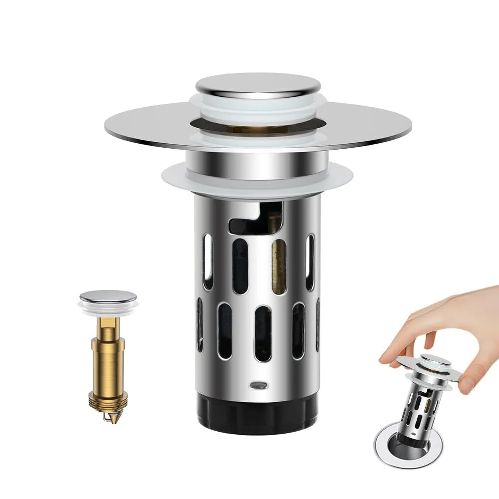 Twelve mirror-finish stainless steel pop-up drain stoppers in a pack