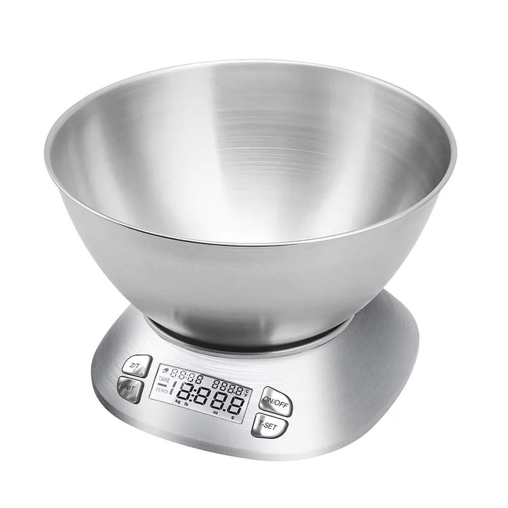 Silver digital kitchen scale with removable 2.5L stainless steel bowl and backlit LCD display