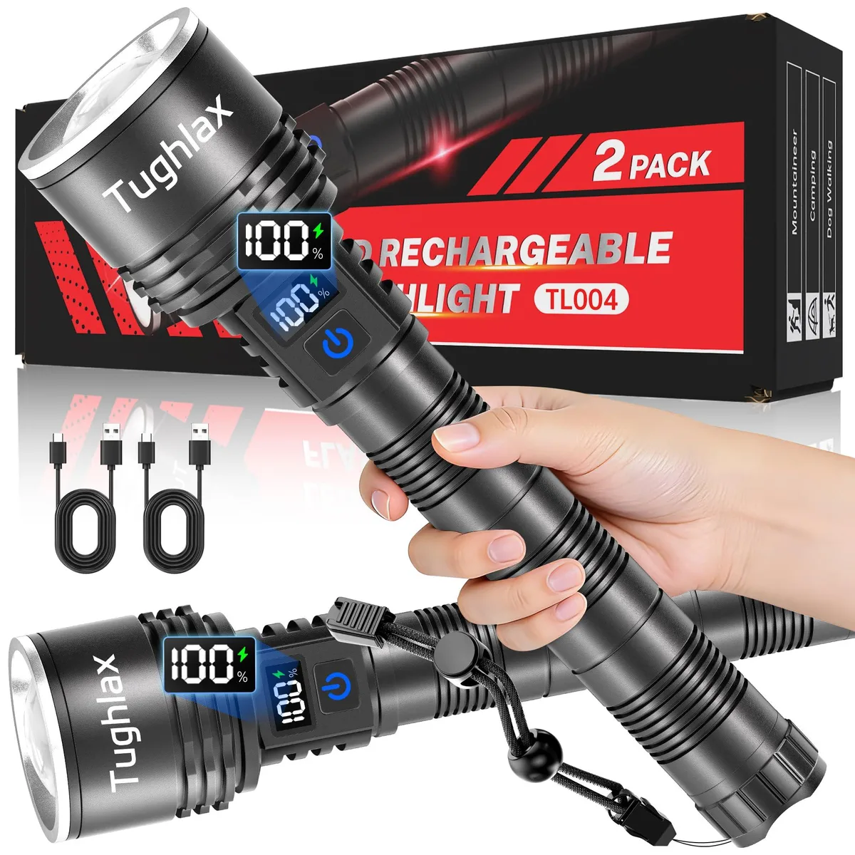 Two cylindrical aluminium flashlights with LCD screens, 1.65 by 9.37 inches each