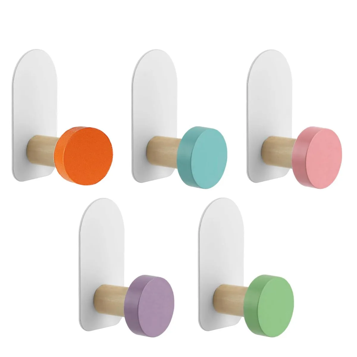Five colourful wooden coat hooks with metal bases, adhesive backing visible