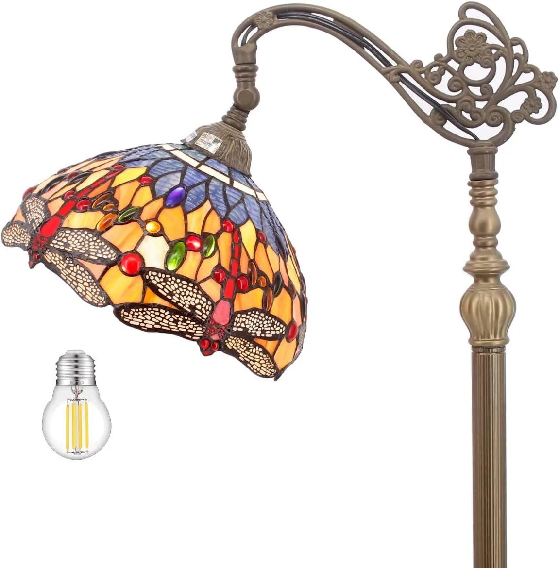 TUKO TUKO Tiffany Floor Lamp Orange Blue Dragonfly 12X18X64 Inch Gooseneck Adjustable S168 Series — product photo