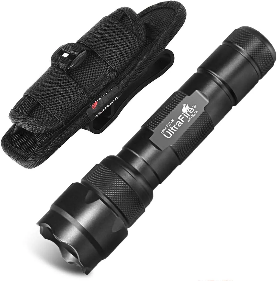 Black cylindrical flashlight with textured grip and nylon belt holster with rotating clip