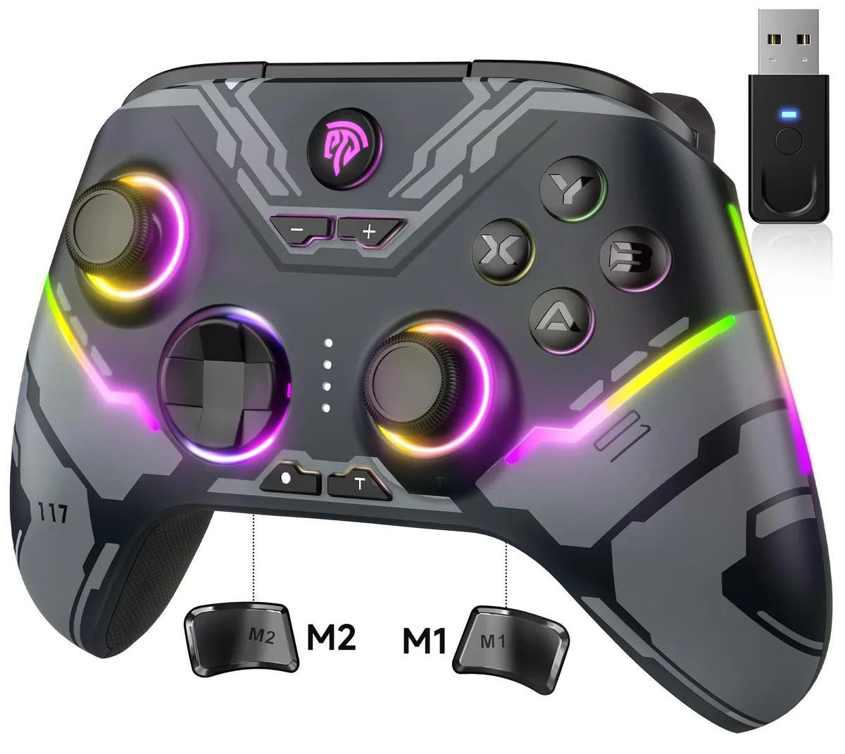 Black wireless gamepad with textured grips and RGB light ring