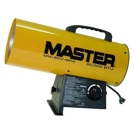 Portable propane torpedo heater, red metal body, 13 by 18 inches
