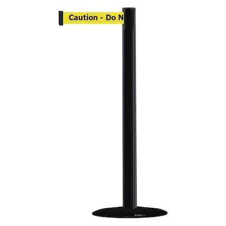 Black plastic stanchion post with yellow belt and black cast iron base