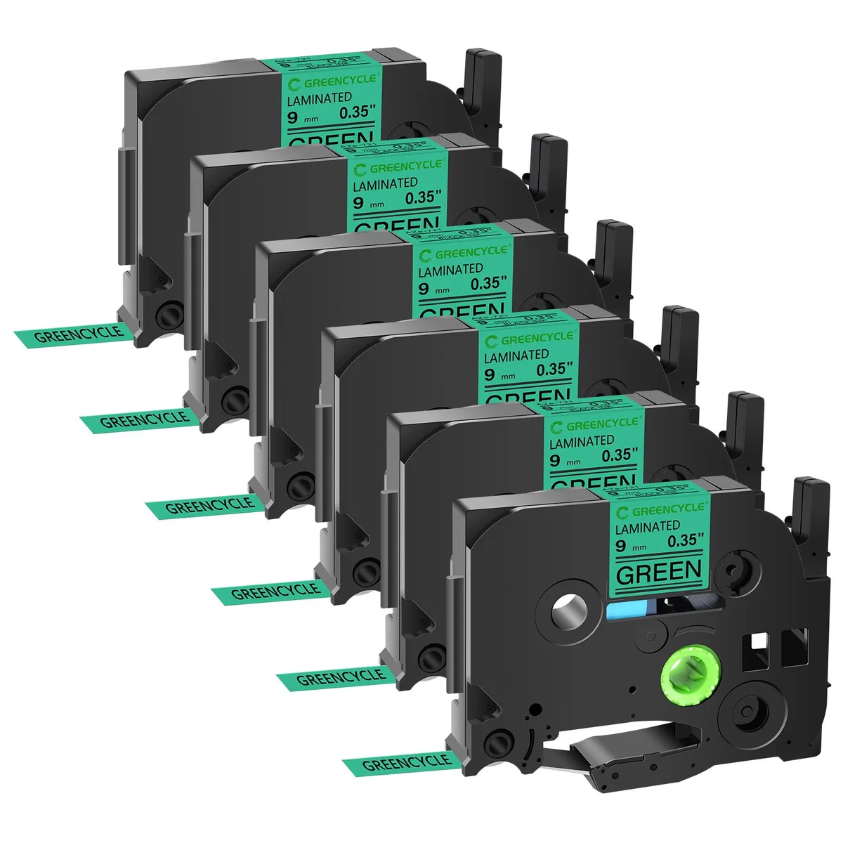 GREENCYCLE GREENCYCLE TZe-721 9mm Black on Green Laminated Label Tape 6 Pack — product photo