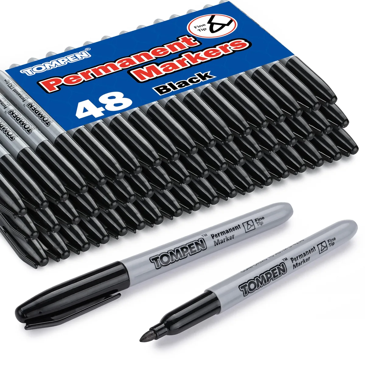 Box of 48 black permanent markers with fine bullet tips and clips