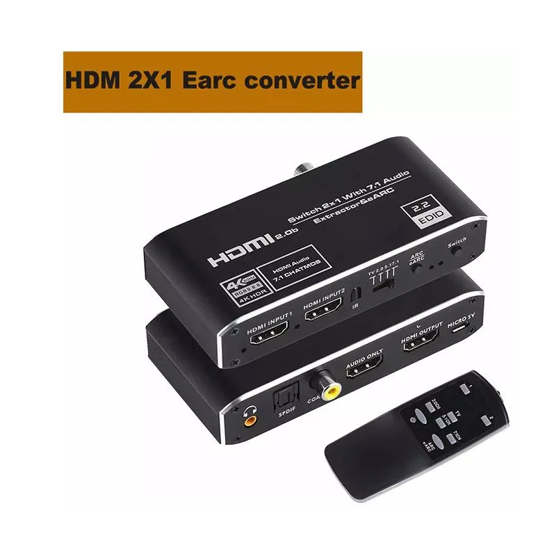 Black rectangular HDMI switch with multiple audio ports and remote control