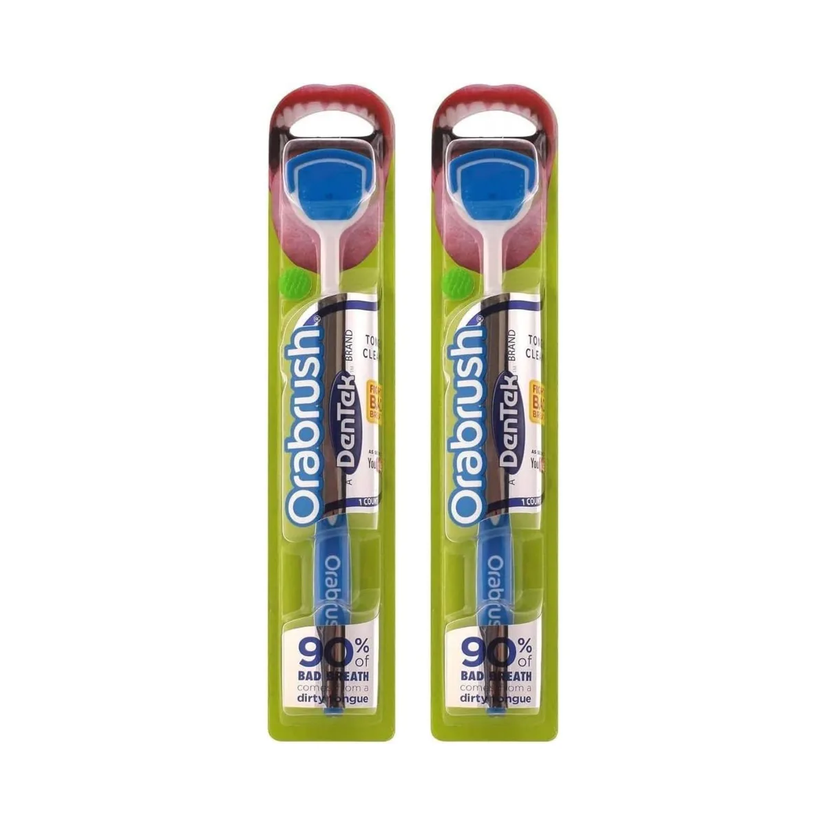 Two white tongue cleaners with micro-pointed bristles and built-in scrapers